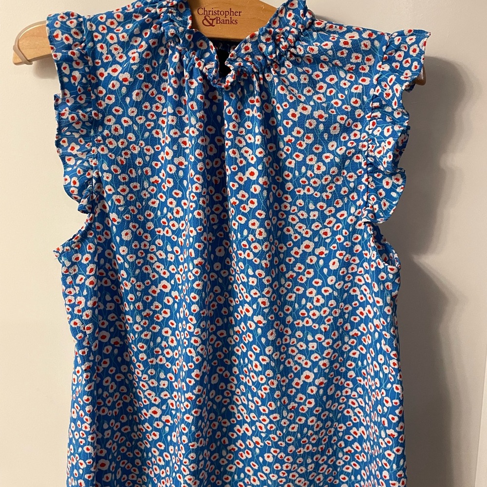 Christopher & Banks Blue Ruffled Mandarin Collar Blouse